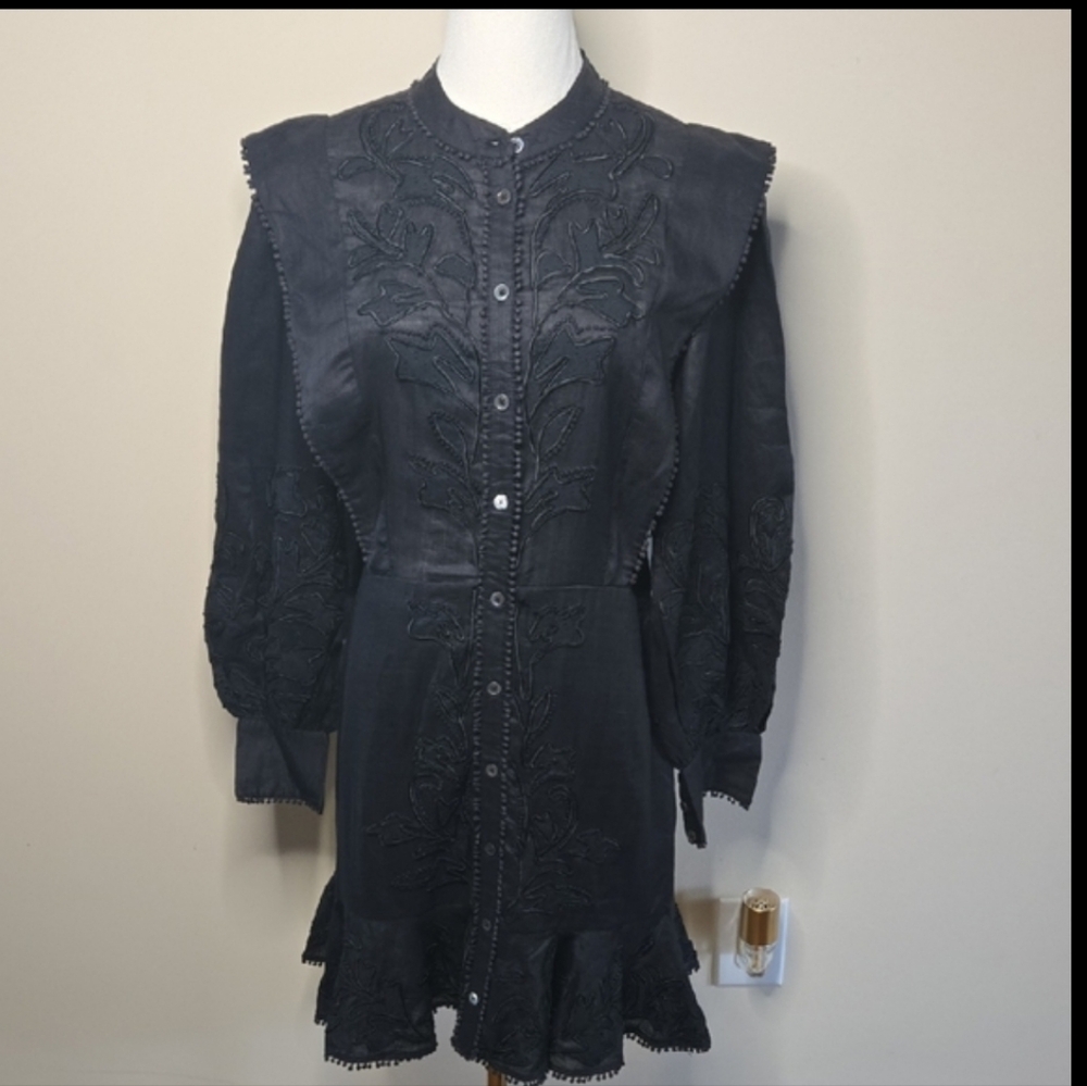 Veronica Beard Black Analeah‎ Embroidered Mini Dress Puff Sleeve Style Sz 6